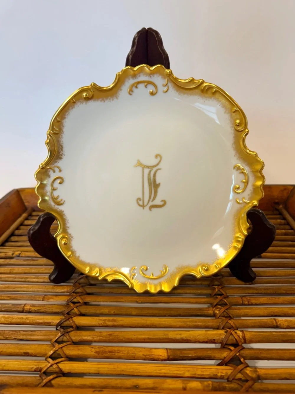 Vintage Hand Painted Porcelain 2-Pc Set Monogram Plate & Footed Berry Teacup